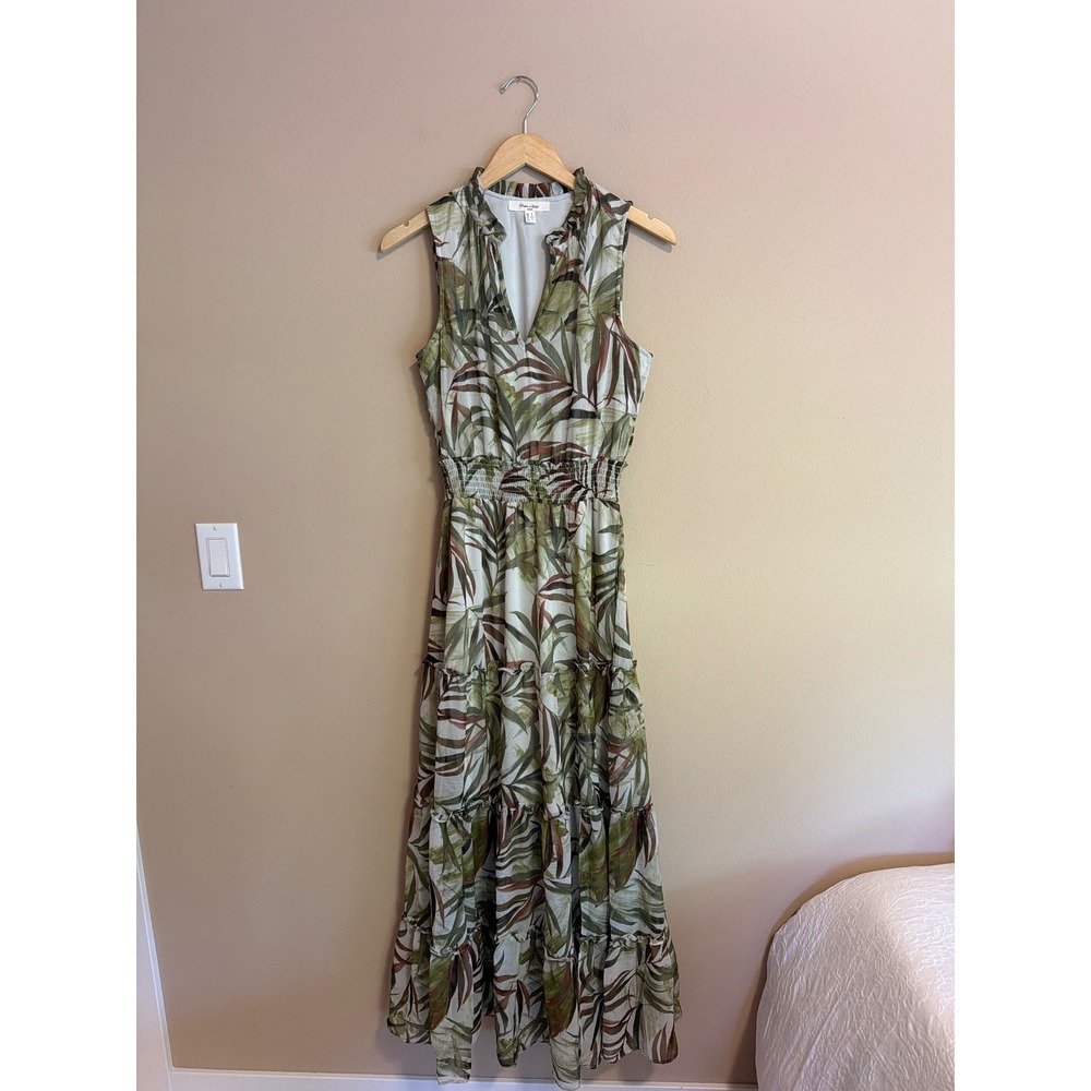 Haver + Blair London Tropical Palm Print Tiered Maxi Dress Green Brown Small